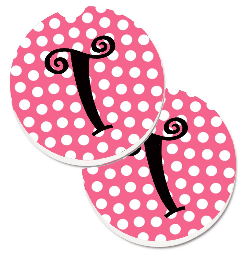 Letter T Monogram - Pink Black Polka Dots Set of 2 Cup Holder Car Coasters CJ1001-TCARC by Caroline's Treasures