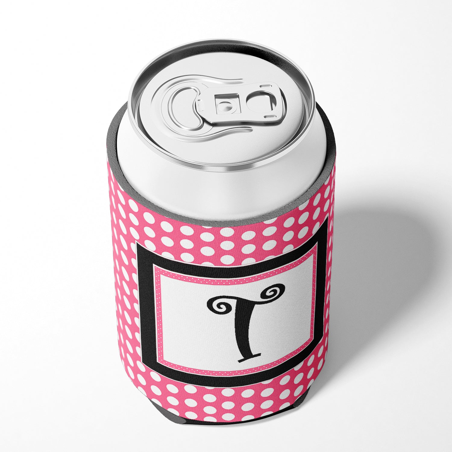Letter T Initial Monogram - Pink Black Polka Dots Can or Bottle Beverage Insulator Hugger.