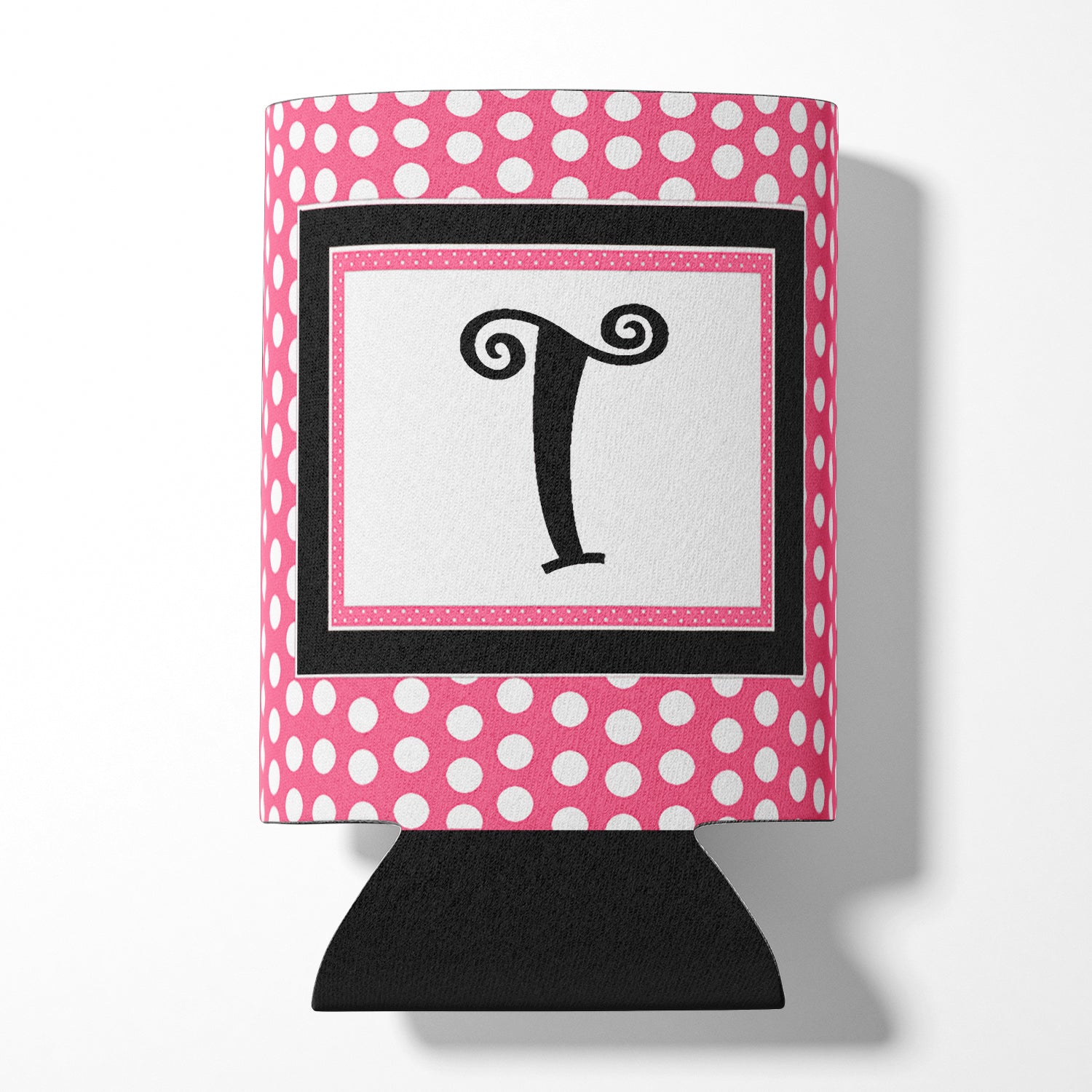 Letter T Initial Monogram - Pink Black Polka Dots Can or Bottle Beverage Insulator Hugger.