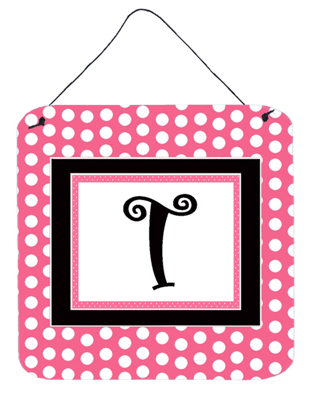 Letter T Initial  - Pink Black Polka Dots Wall or Door Hanging Prints by Caroline's Treasures