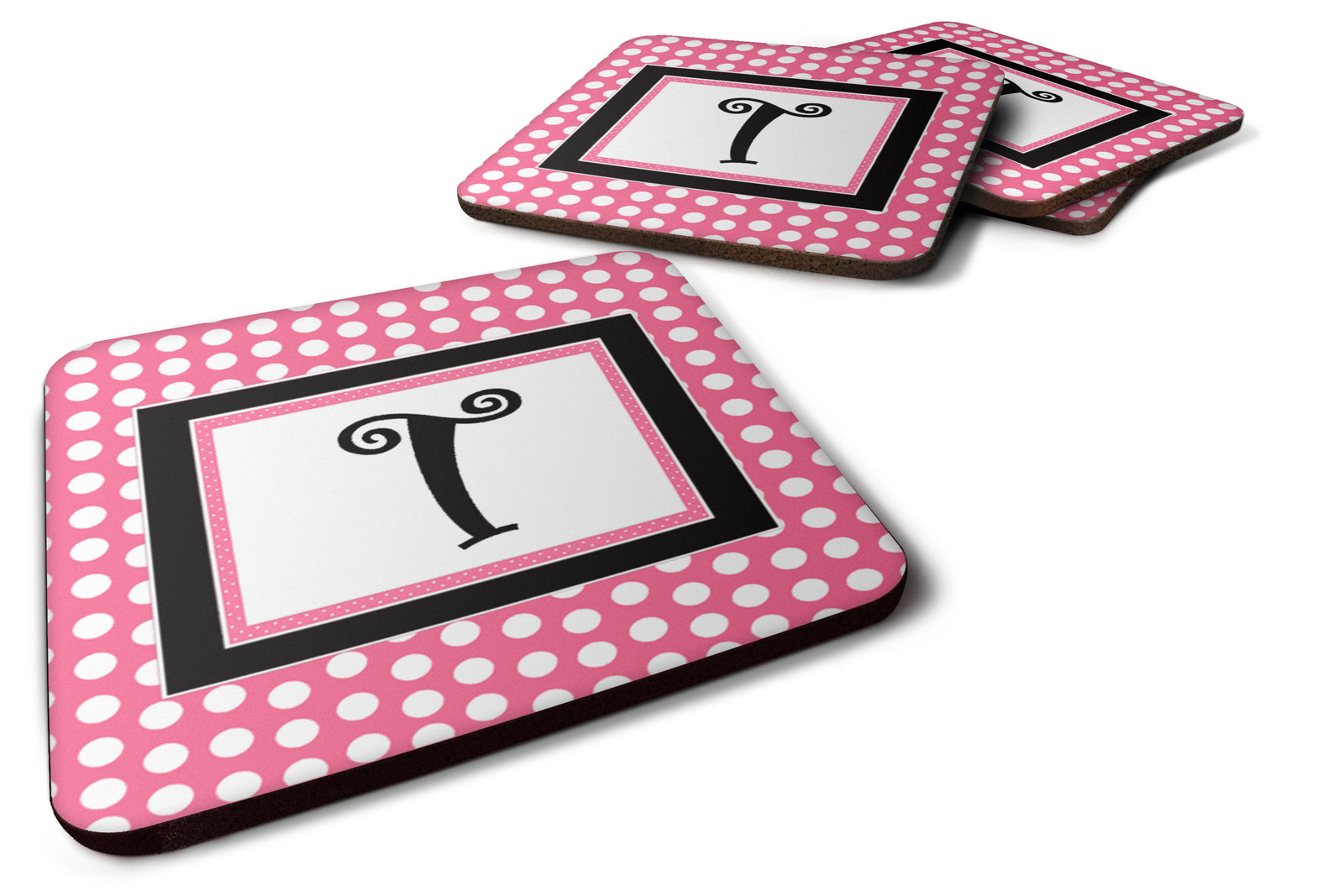 Set of 4 Monogram - Pink Black Polka Dots Foam Coasters Initial Letter T - the-store.com