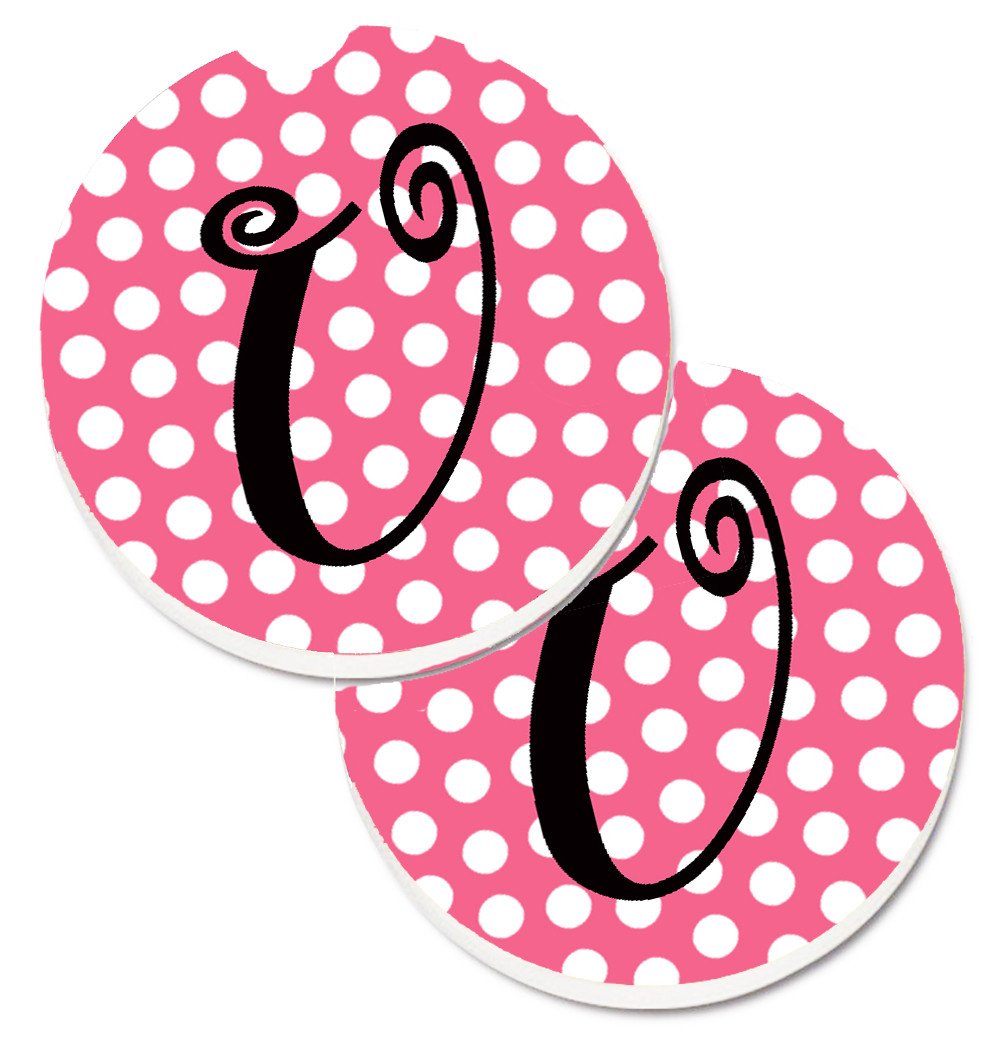 Letter U Monogram - Pink Black Polka Dots Set of 2 Cup Holder Car Coasters CJ1001-UCARC by Caroline&#39;s Treasures