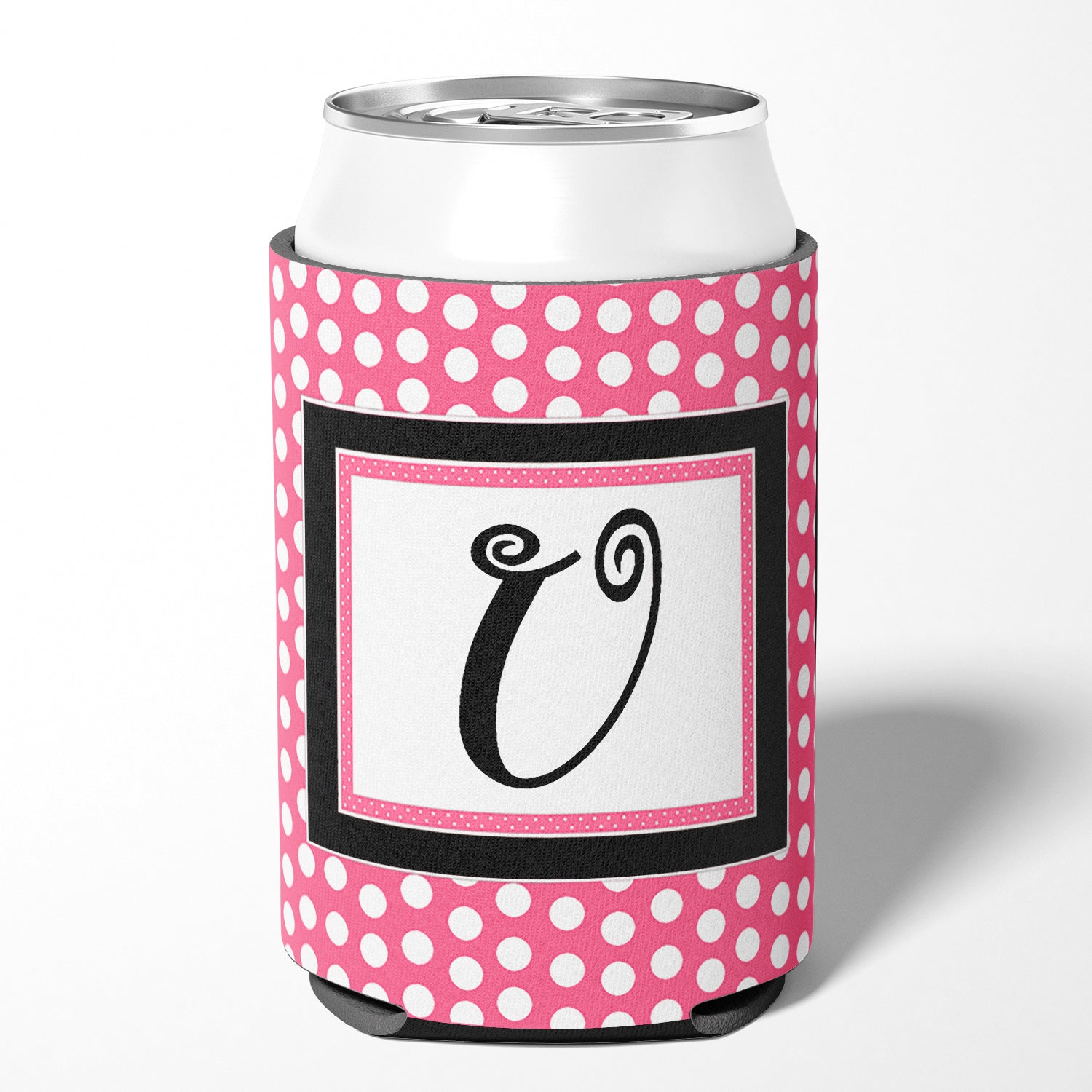 Letter U Initial Monogram - Pink Black Polka Dots Can or Bottle Beverage Insulator Hugger.
