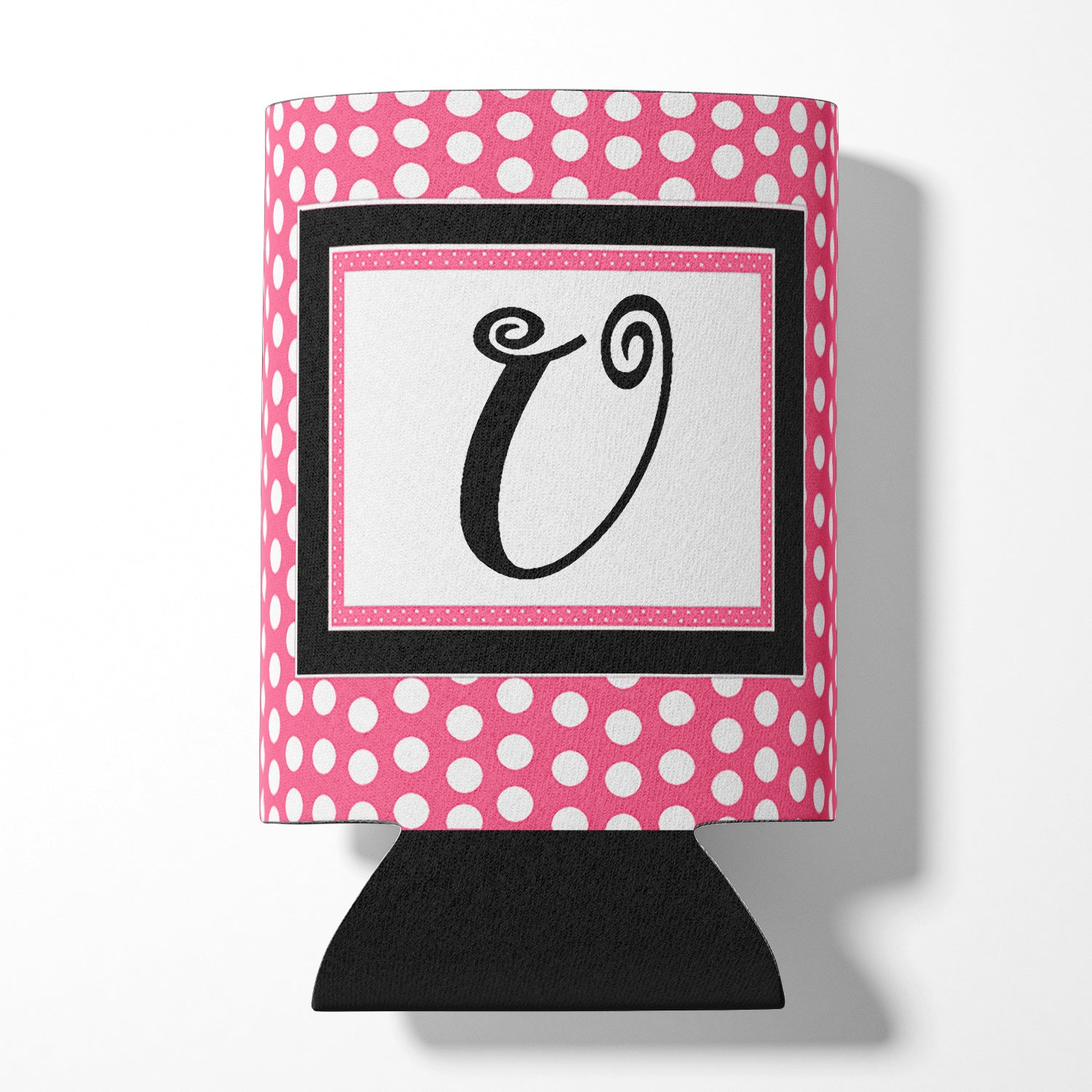 Letter U Initial Monogram - Pink Black Polka Dots Can or Bottle Beverage Insulator Hugger