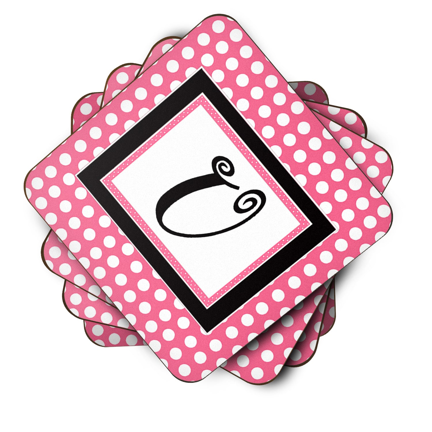 Set of 4 Monogram - Pink Black Polka Dots Foam Coasters Initial Letter U - the-store.com