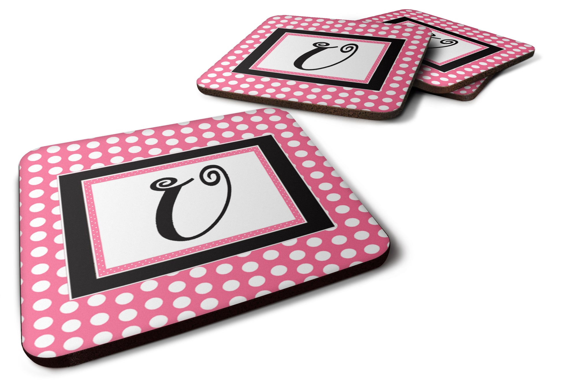 Set of 4 Monogram - Pink Black Polka Dots Foam Coasters Initial Letter U - the-store.com