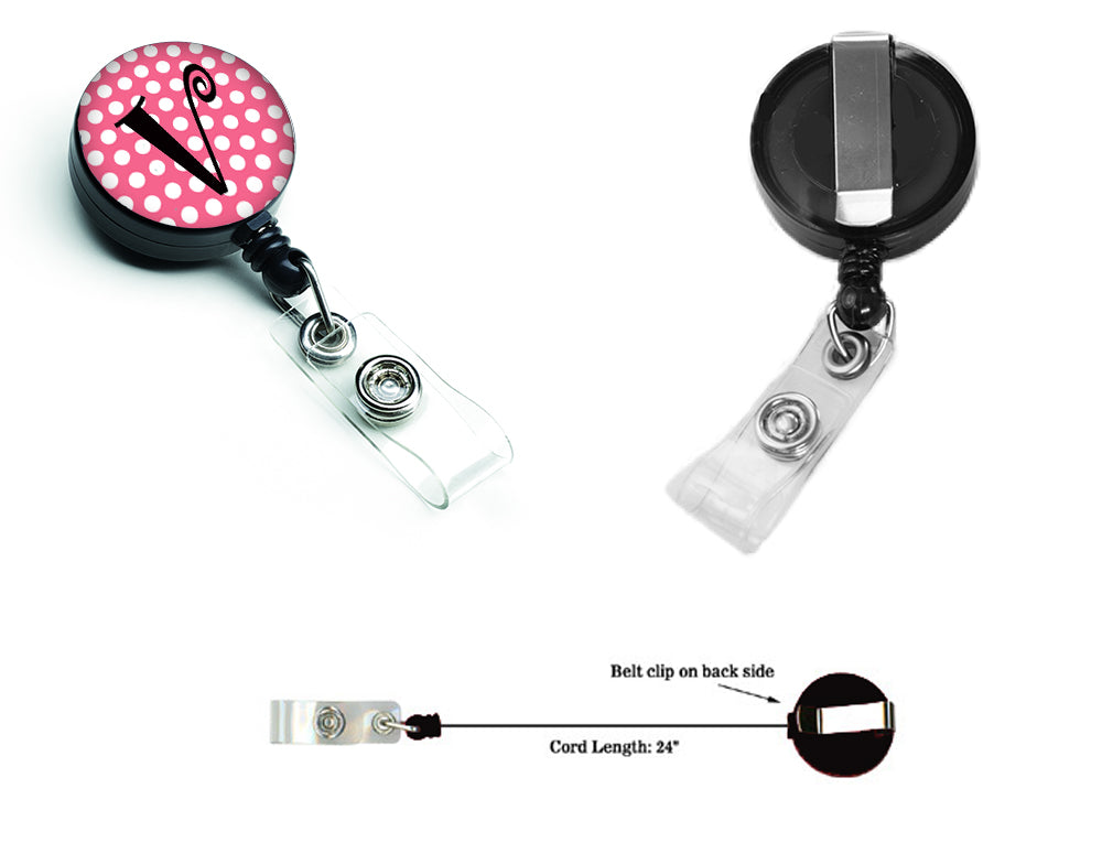 Letter V Monogram - Pink Black Polka Dots Retractable Badge Reel CJ1001-VBR