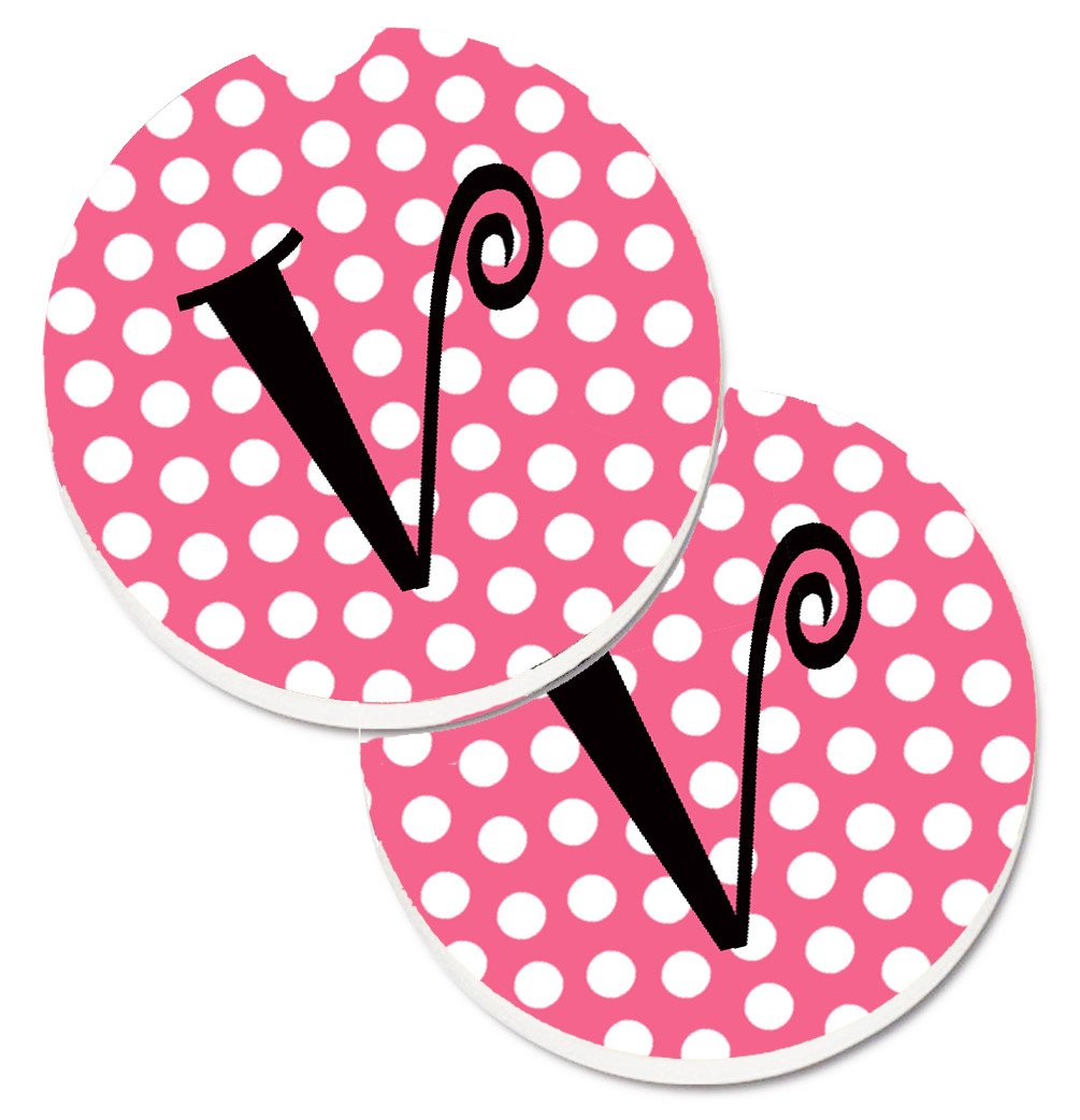 Letter V Monogram - Pink Black Polka Dots Set of 2 Cup Holder Car Coasters CJ1001-VCARC by Caroline&#39;s Treasures