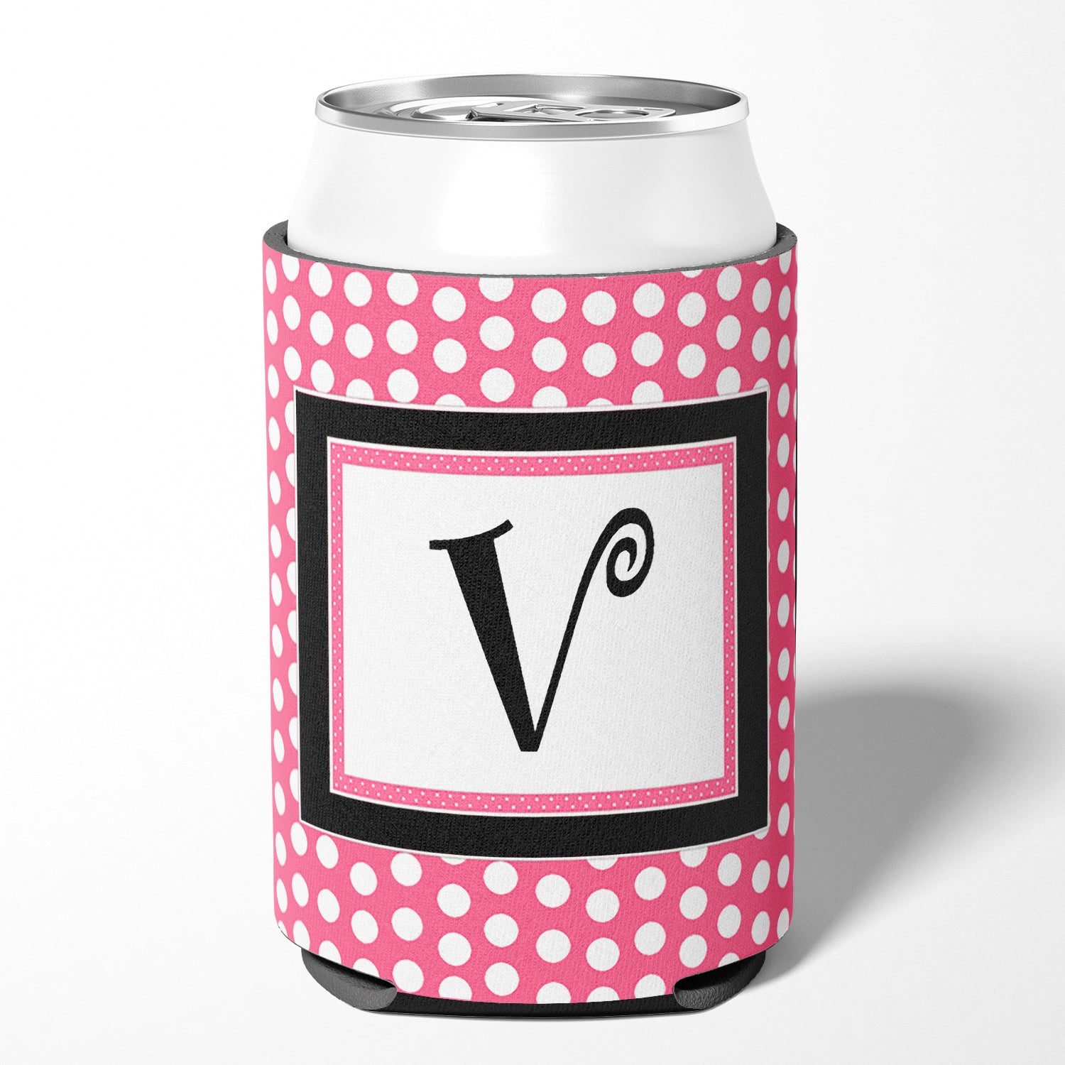 Letter V Initial Monogram - Pink Black Polka Dots Can or Bottle Beverage Insulator Hugger