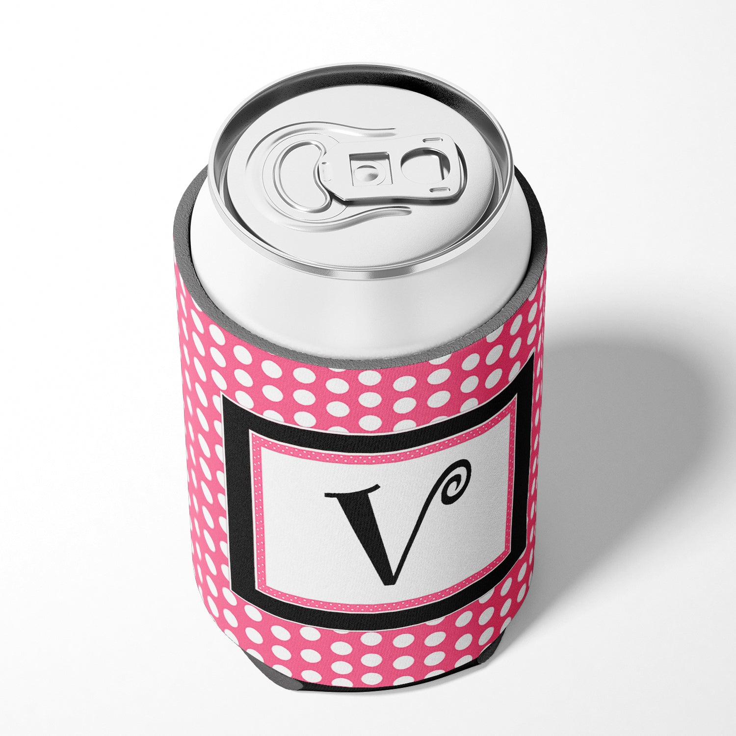 Letter V Initial Monogram - Pink Black Polka Dots Can or Bottle Beverage Insulator Hugger