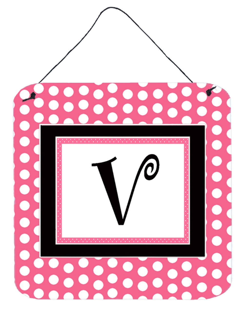 Letter V Initial  - Pink Black Polka Dots Wall or Door Hanging Prints by Caroline's Treasures
