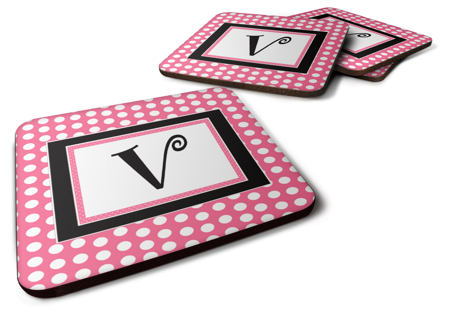 Set of 4 Monogram - Pink Black Polka Dots Foam Coasters Initial Letter V - the-store.com