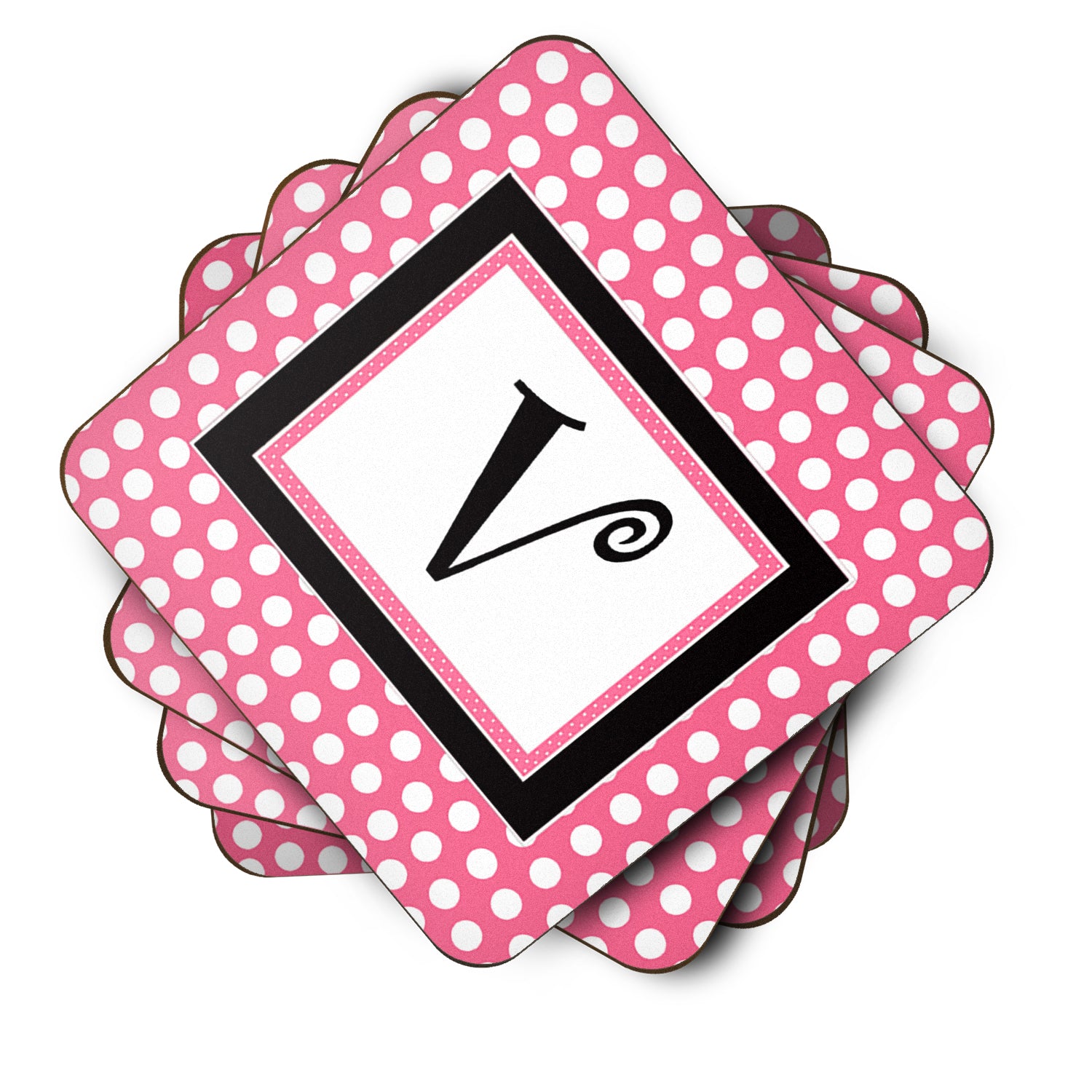 Set of 4 Monogram - Pink Black Polka Dots Foam Coasters Initial Letter V - the-store.com