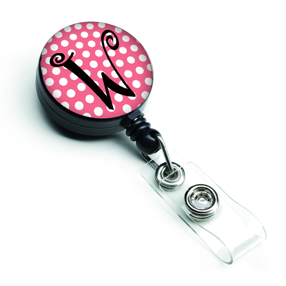 Letter W Monogram - Pink Black Polka Dots Retractable Badge Reel CJ1001-WBR