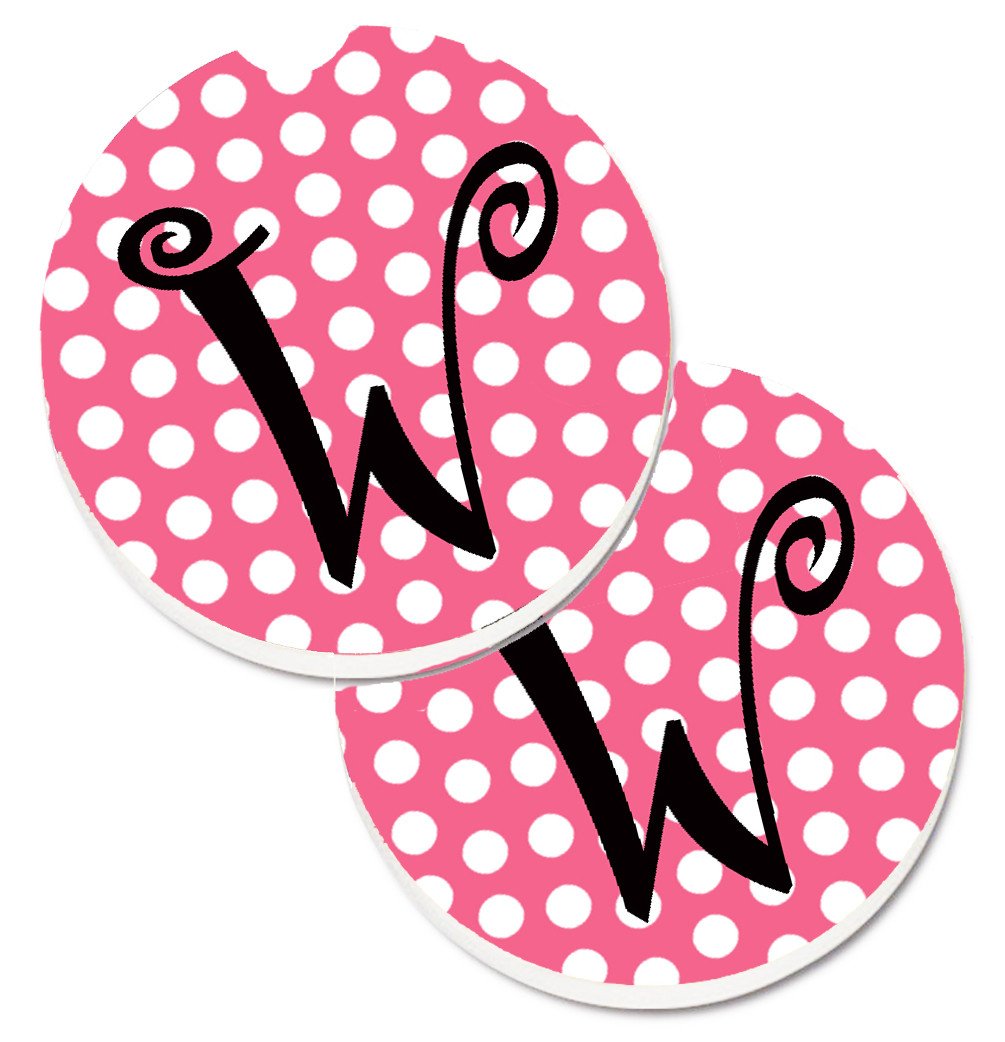 Letter W Monogram - Pink Black Polka Dots Set of 2 Cup Holder Car Coasters CJ1001-WCARC by Caroline&#39;s Treasures