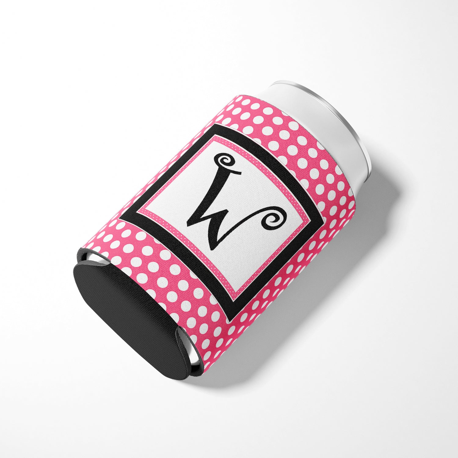 Letter W Initial Monogram - Pink Black Polka Dots Can or Bottle Beverage Insulator Hugger
