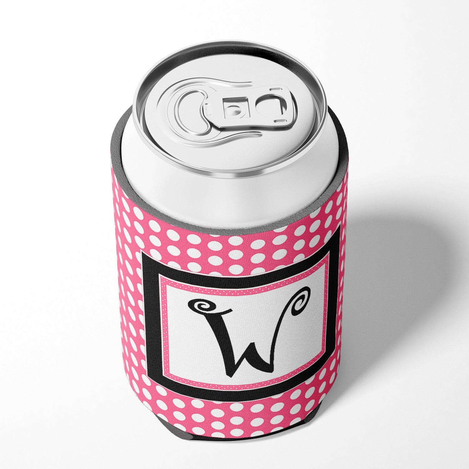Letter W Initial Monogram - Pink Black Polka Dots Can or Bottle Beverage Insulator Hugger