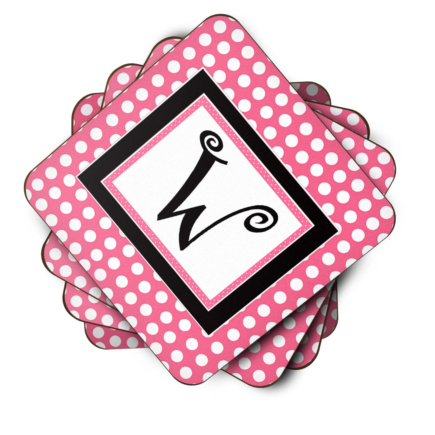 Set of 4 Monogram - Pink Black Polka Dots Foam Coasters Initial Letter W - the-store.com
