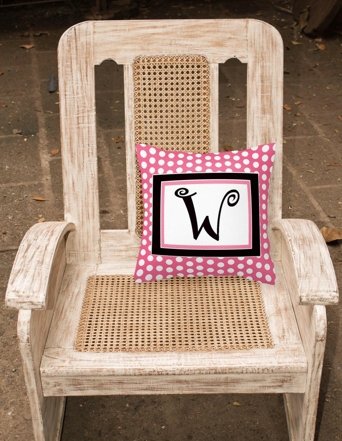 Letter W Initial Monogram Pink Black Polka Dots Decorative Canvas Fabric Pillow - the-store.com