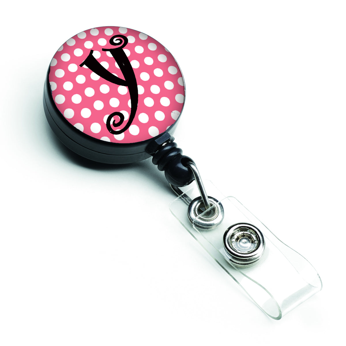 Letter Y Monogram - Pink Black Polka Dots Retractable Badge Reel CJ1001-YBR  the-store.com.