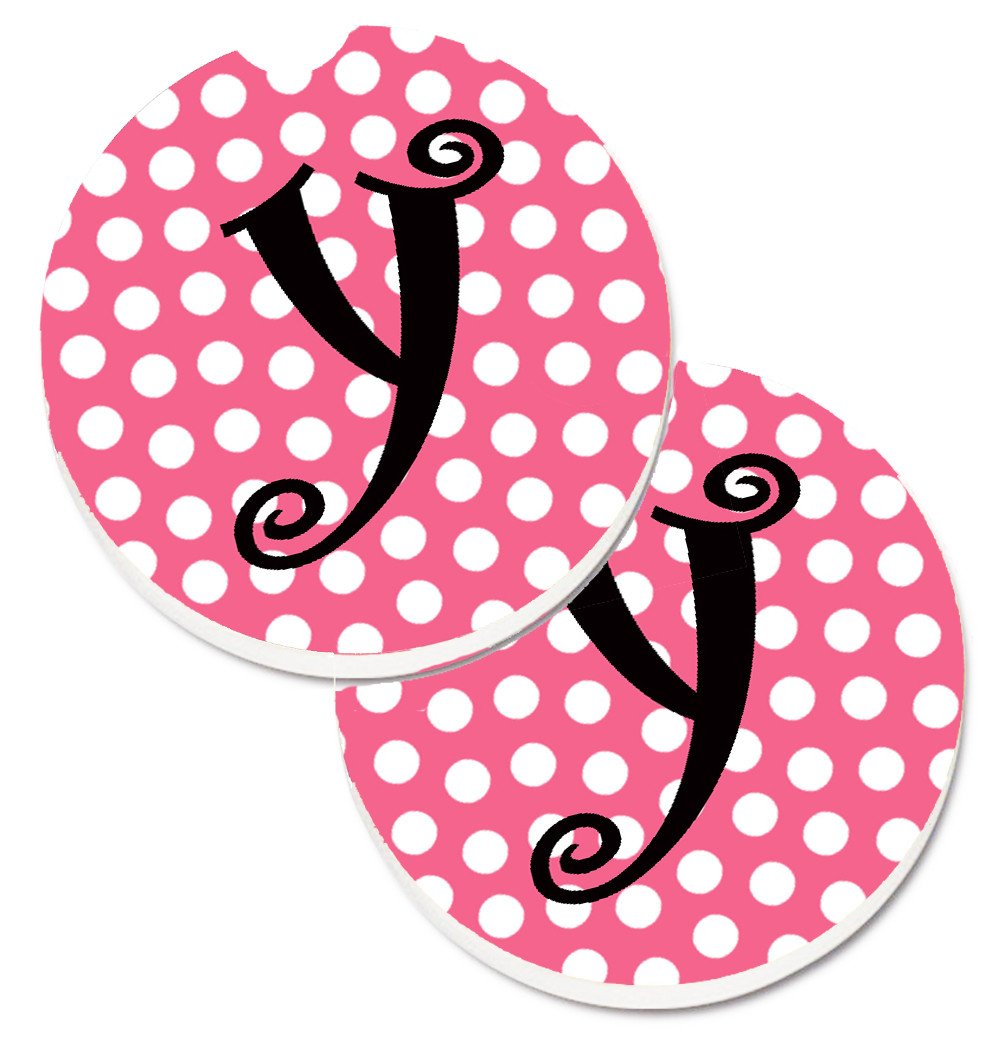 Letter Y Monogram - Pink Black Polka Dots Set of 2 Cup Holder Car Coasters CJ1001-YCARC by Caroline&#39;s Treasures