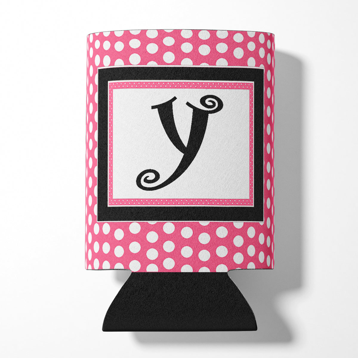 Letter Y Initial Monogram - Pink Black Polka Dots Can or Bottle Beverage Insulator Hugger.