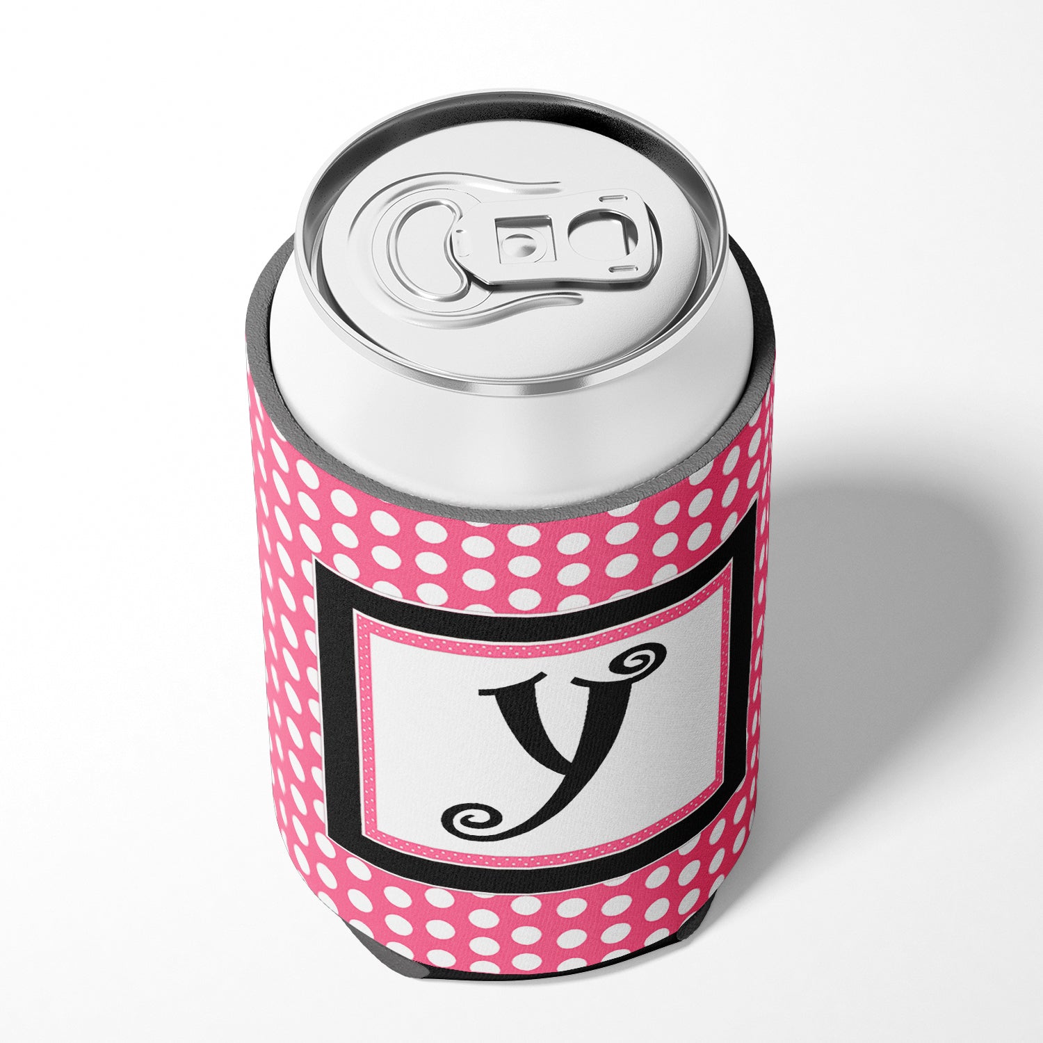 Letter Y Initial Monogram - Pink Black Polka Dots Can or Bottle Beverage Insulator Hugger.
