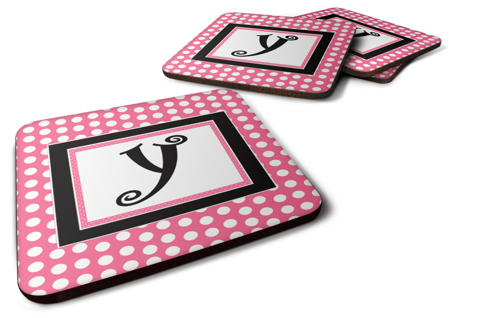 Set of 4 Monogram - Pink Black Polka Dots Foam Coasters Initial Letter Y - the-store.com