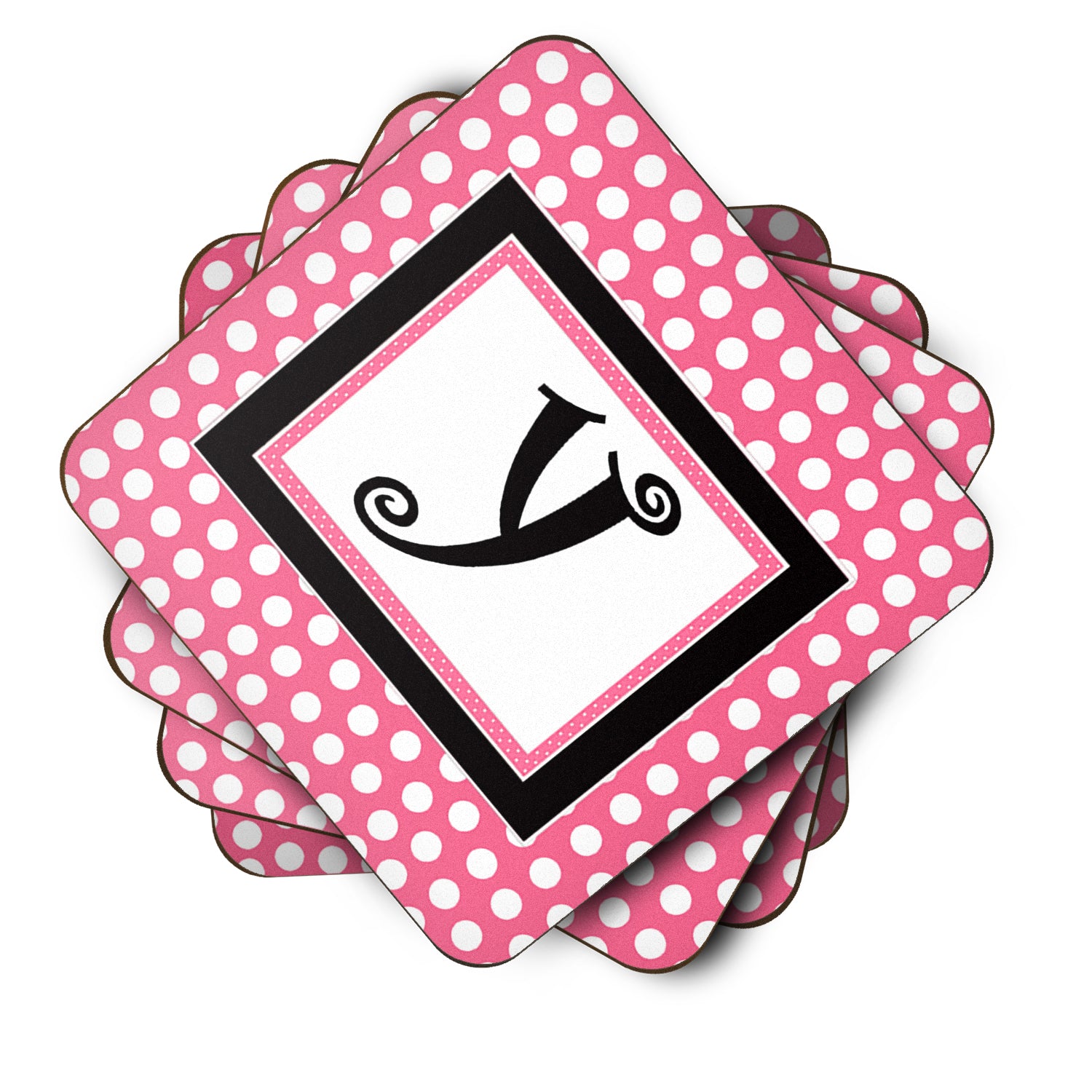 Set of 4 Monogram - Pink Black Polka Dots Foam Coasters Initial Letter Y - the-store.com