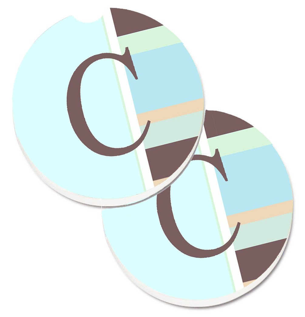 Letter C Initial Monogram - Blue Stripes Set of 2 Cup Holder Car Coasters CJ1003-CCARC by Caroline&#39;s Treasures