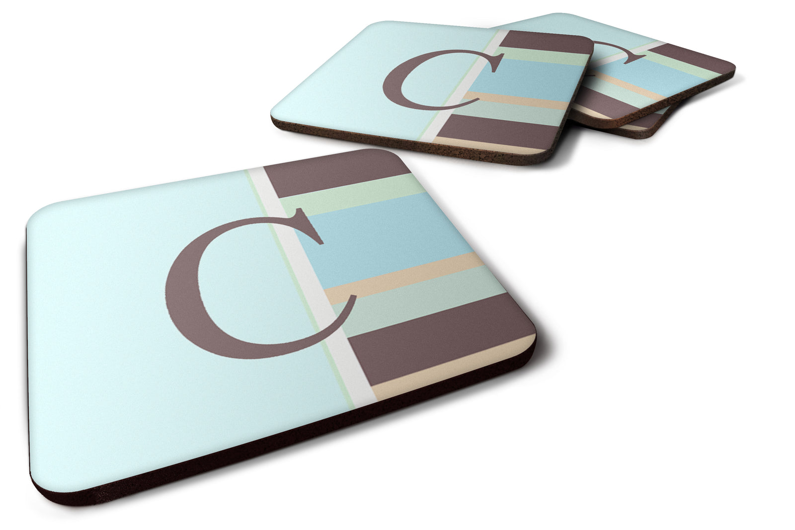 Set of 4 Monogram - Blue Stripes Foam Coasters Initial Letter C - the-store.com