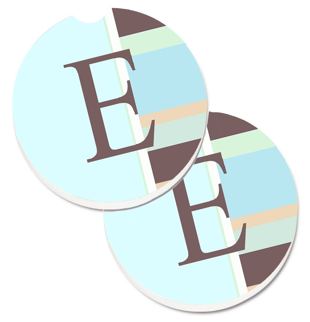 Letter E Initial Monogram - Blue Stripes Set of 2 Cup Holder Car Coasters CJ1003-ECARC by Caroline&#39;s Treasures