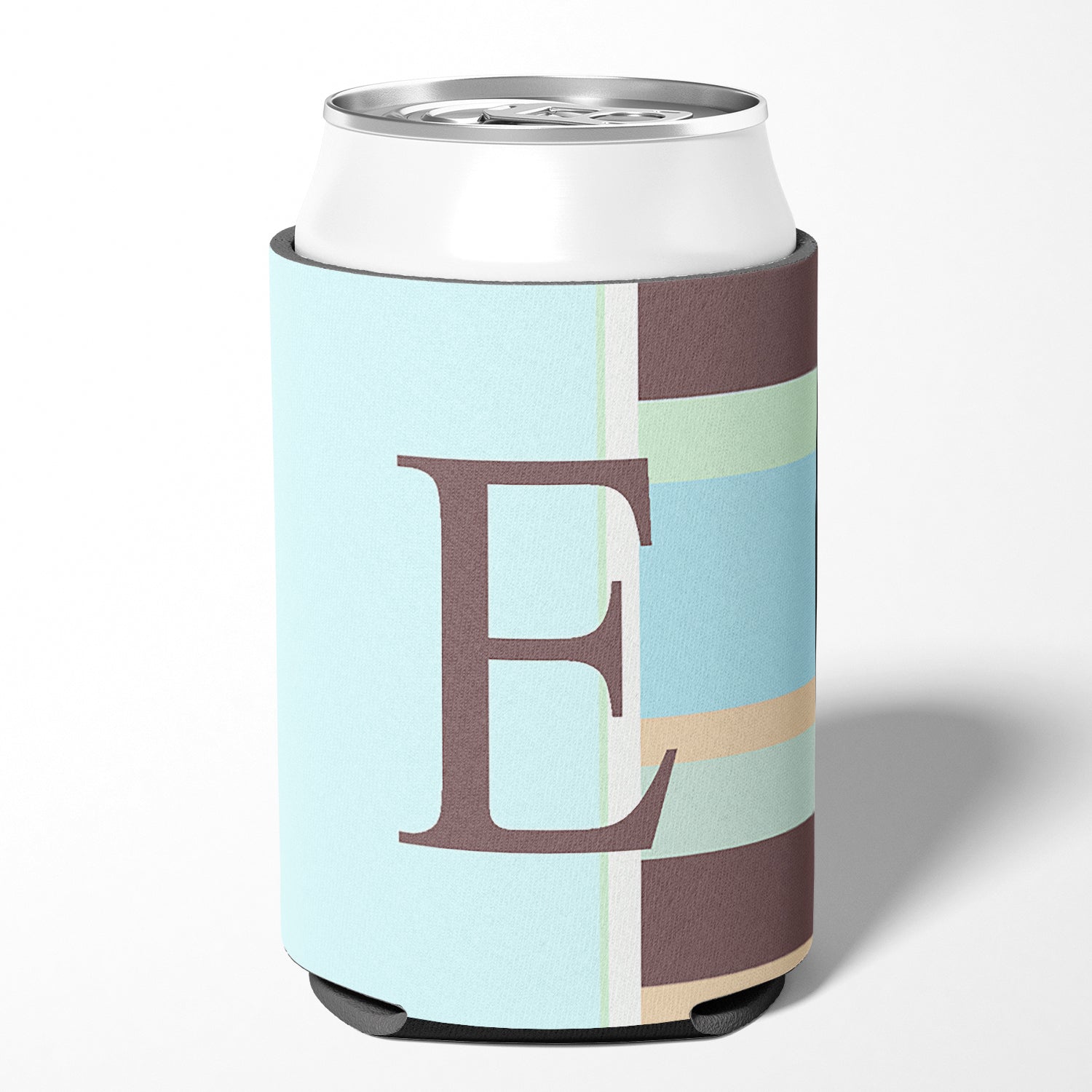 Letter E Initial Monogram - Blue Stripes Can or Bottle Beverage Insulator Hugger.