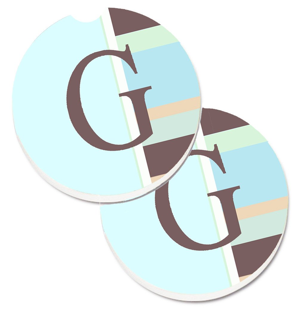 Letter G Initial Monogram - Blue Stripes Set of 2 Cup Holder Car Coasters CJ1003-GCARC by Caroline&#39;s Treasures