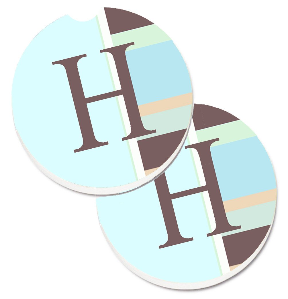 Letter H Initial Monogram - Blue Stripes Set of 2 Cup Holder Car Coasters CJ1003-HCARC by Caroline&#39;s Treasures