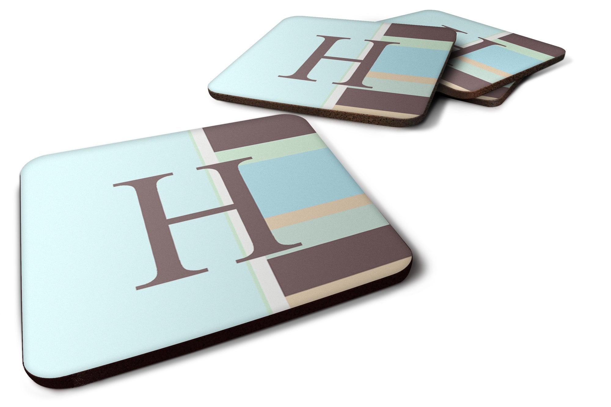 Set of 4 Monogram - Blue Stripes Foam Coasters Initial Letter H - the-store.com