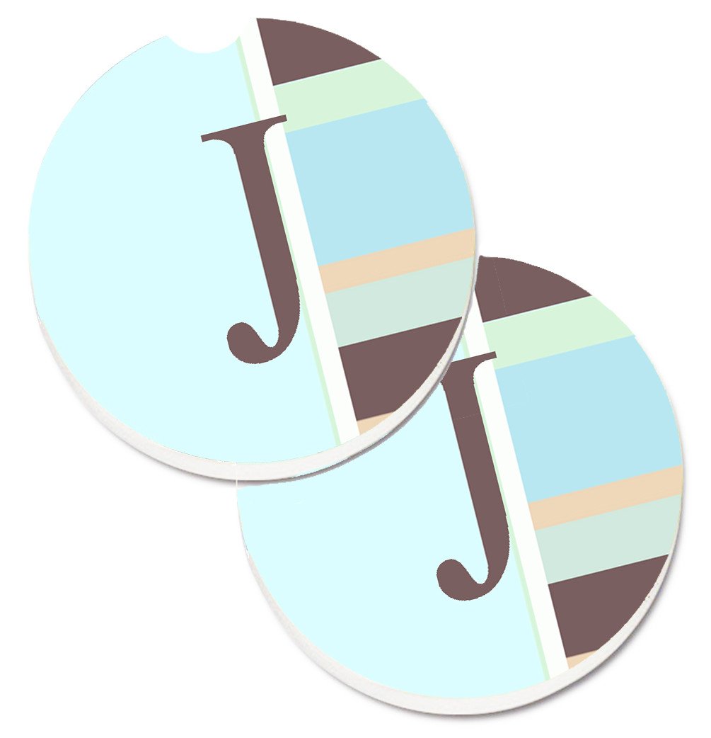 Letter J Initial Monogram - Blue Stripes Set of 2 Cup Holder Car Coasters CJ1003-JCARC by Caroline&#39;s Treasures