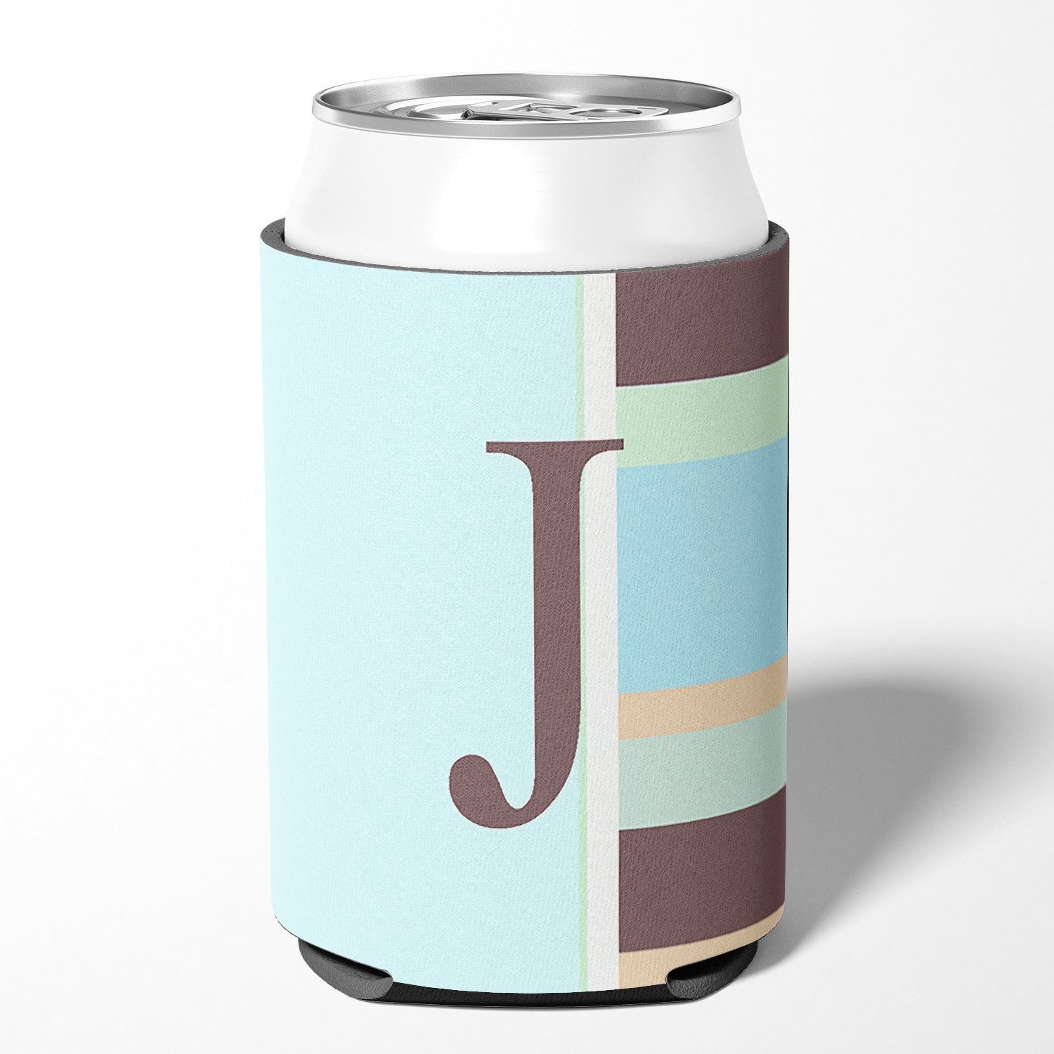 Letter J Initial Monogram - Blue Stripes Can or Bottle Beverage Insulator Hugger.
