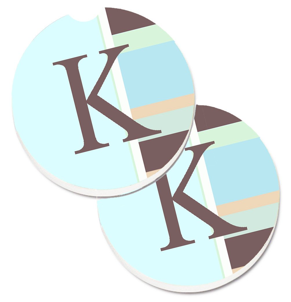 Letter K Initial Monogram - Blue Stripes Set of 2 Cup Holder Car Coasters CJ1003-KCARC by Caroline&#39;s Treasures