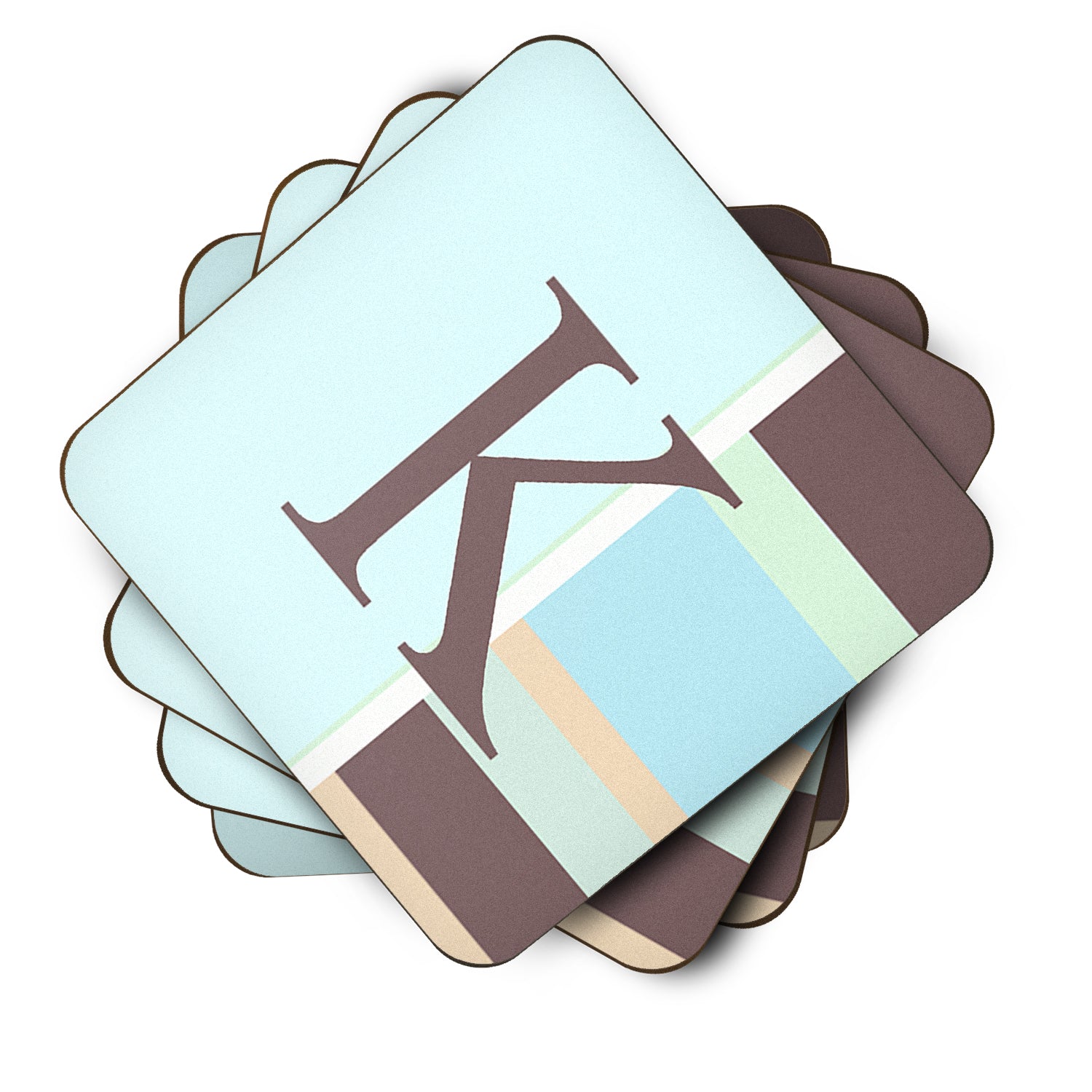 Set of 4 Monogram - Blue Stripes Foam Coasters Initial Letter K - the-store.com