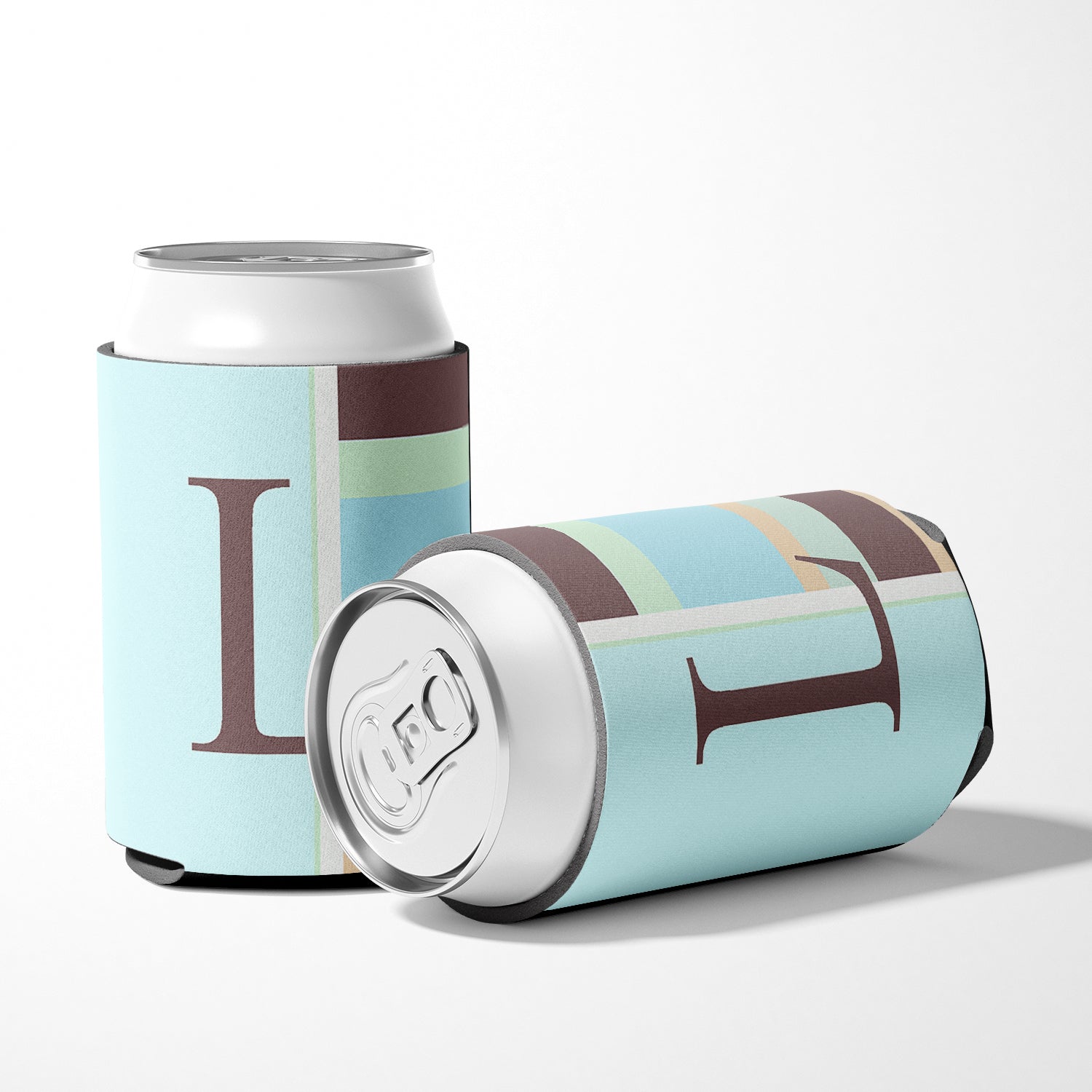 Letter L Initial Monogram - Blue Stripes Can or Bottle Beverage Insulator Hugger.