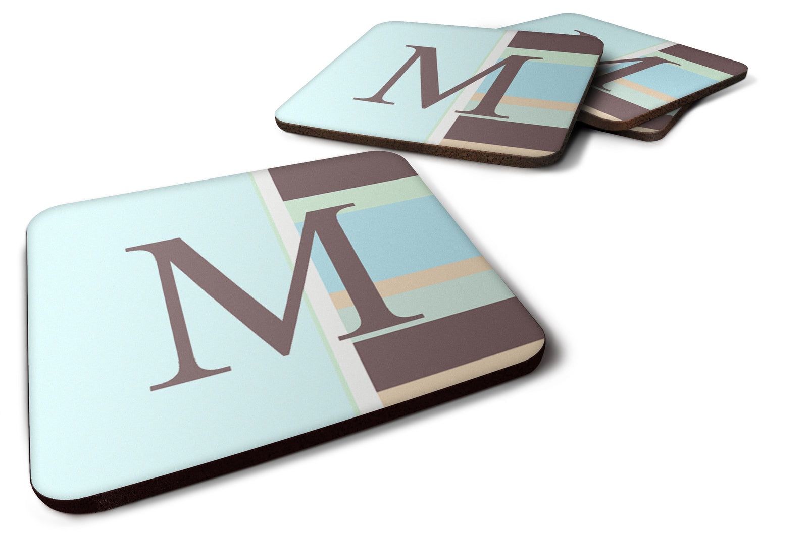 Set of 4 Monogram - Blue Stripes Foam Coasters Initial Letter M - the-store.com