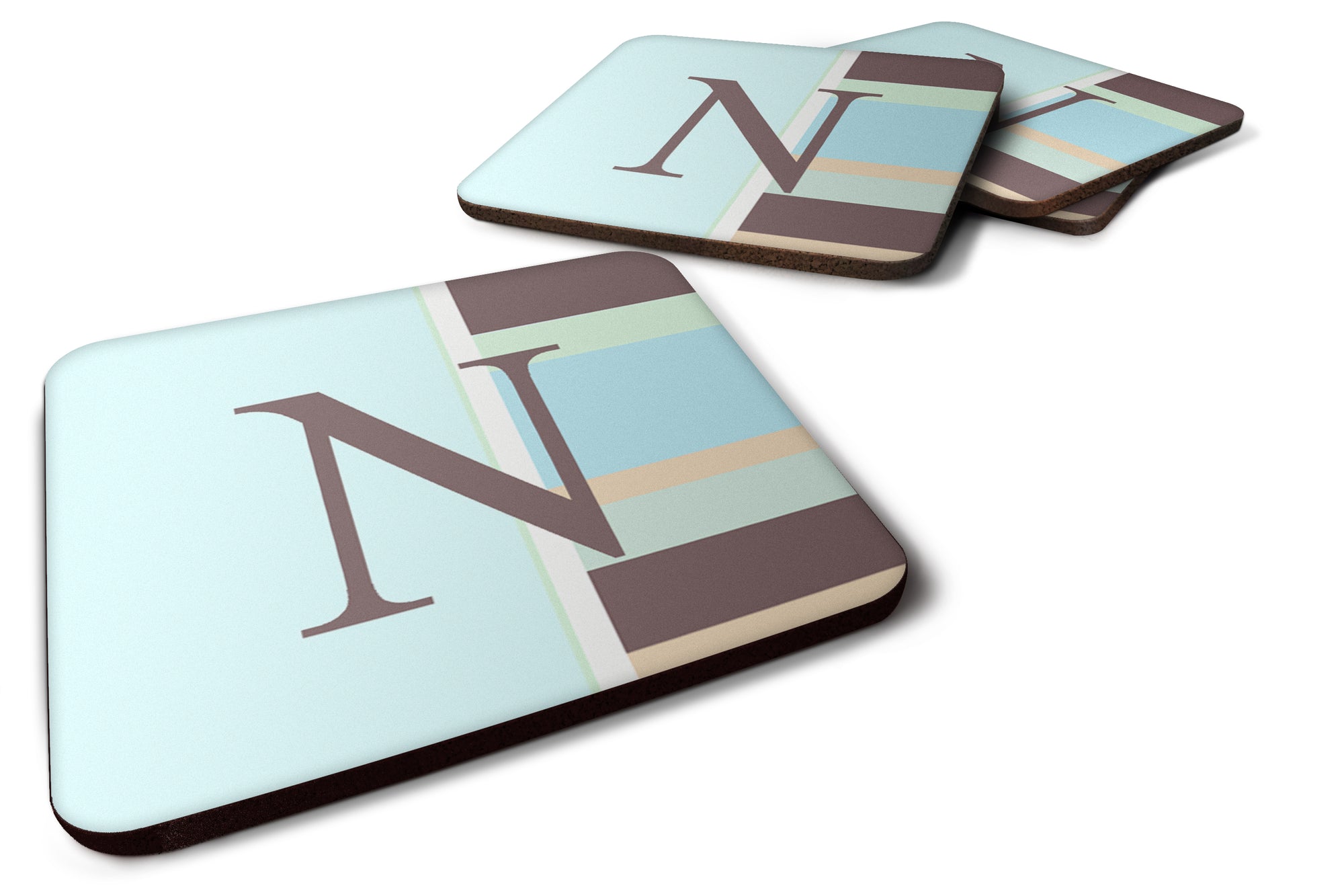 Set of 4 Monogram - Blue Stripes Foam Coasters Initial Letter N - the-store.com