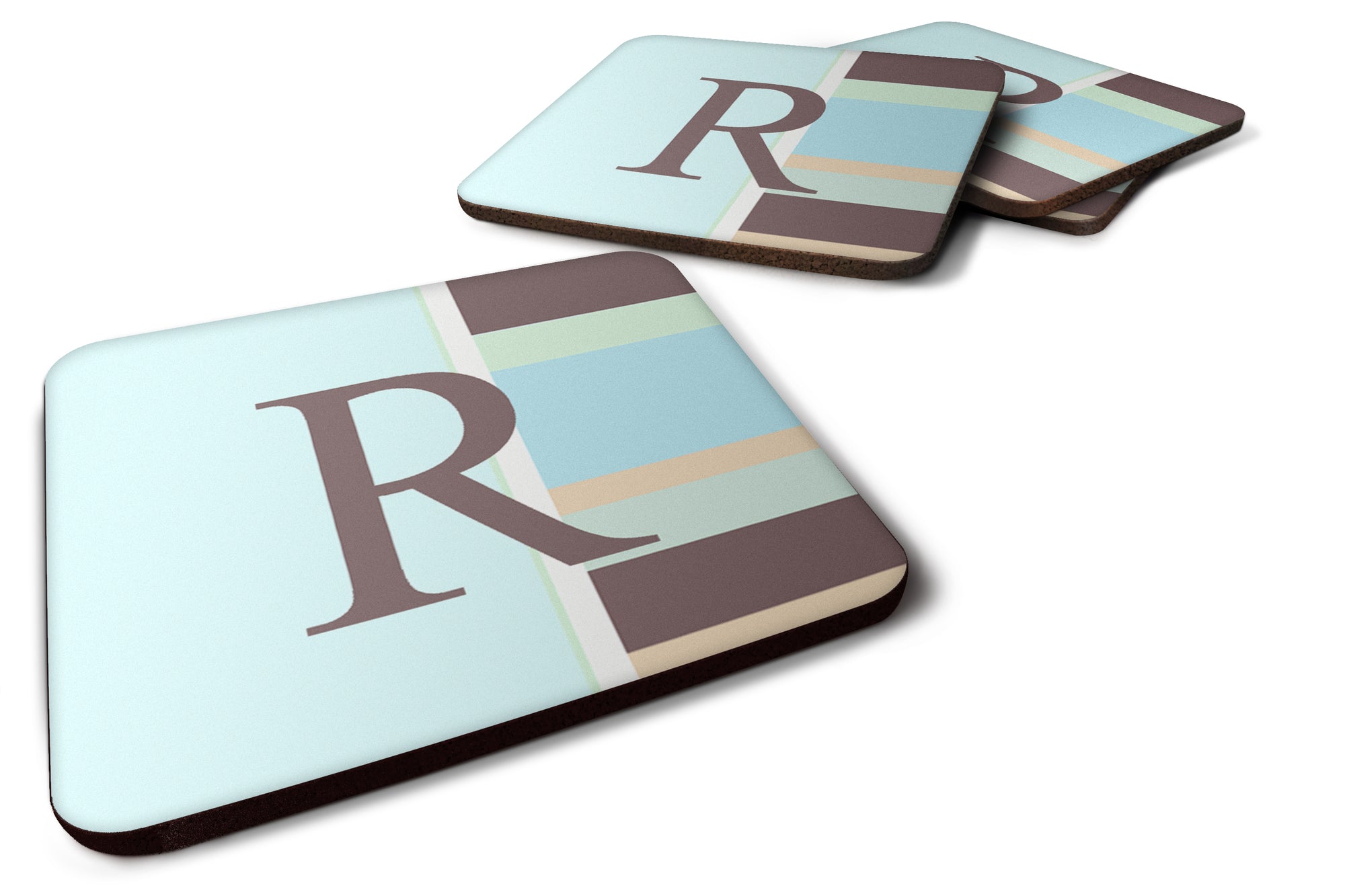 Set of 4 Monogram - Blue Stripes Foam Coasters Initial Letter R - the-store.com