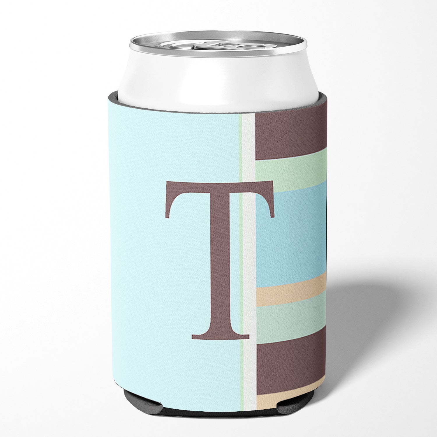 Letter T Initial Monogram - Blue Stripes Can or Bottle Beverage Insulator Hugger.