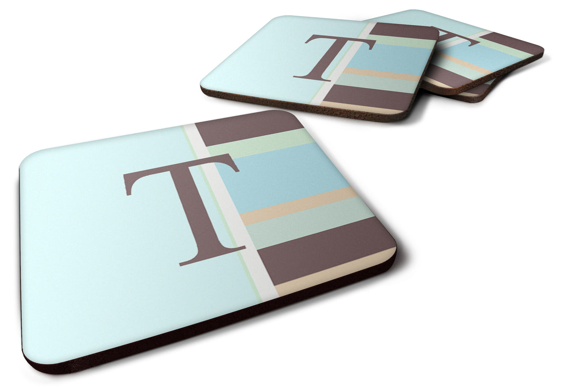 Set of 4 Monogram - Blue Stripes Foam Coasters Initial Letter T - the-store.com