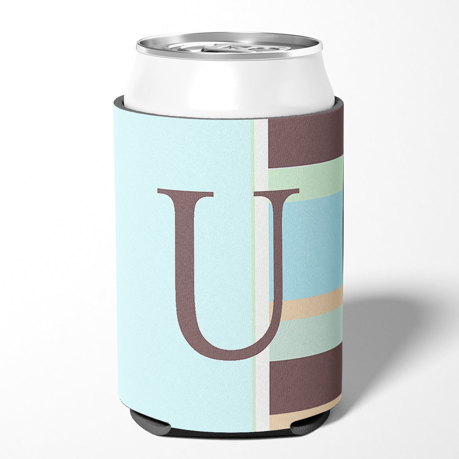 Letter U Initial Monogram - Blue Stripes Can or Bottle Beverage Insulator Hugger.