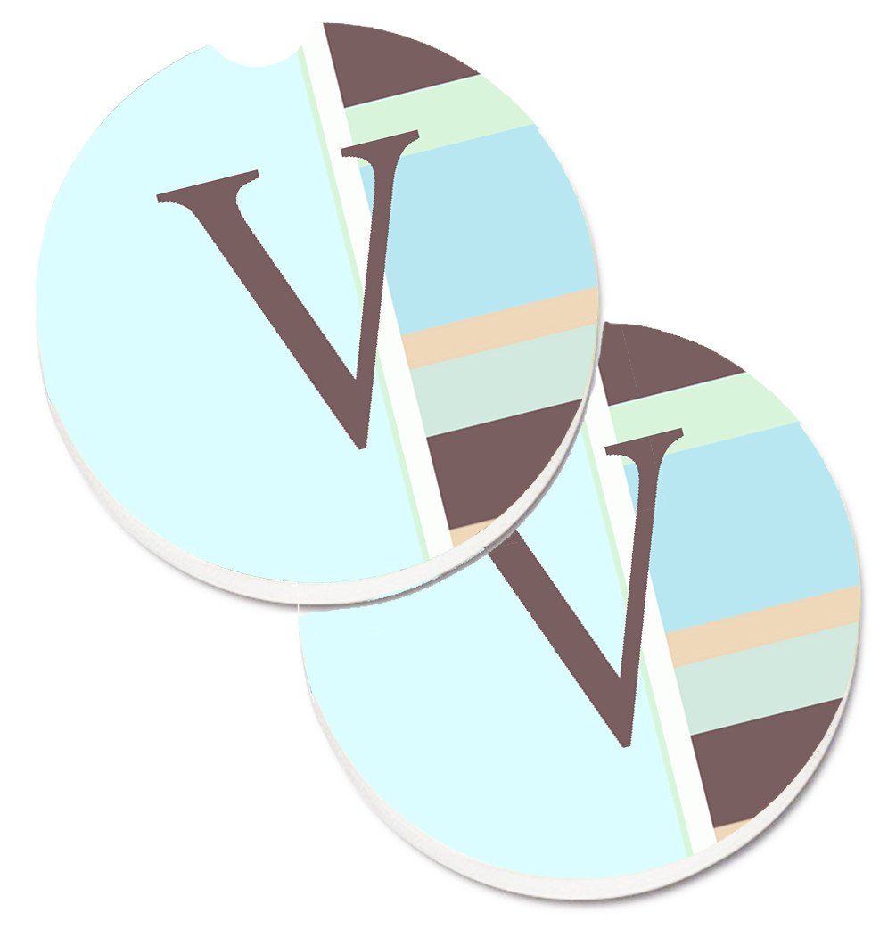 Letter V Initial Monogram - Blue Stripes Set of 2 Cup Holder Car Coasters CJ1003-VCARC by Caroline&#39;s Treasures