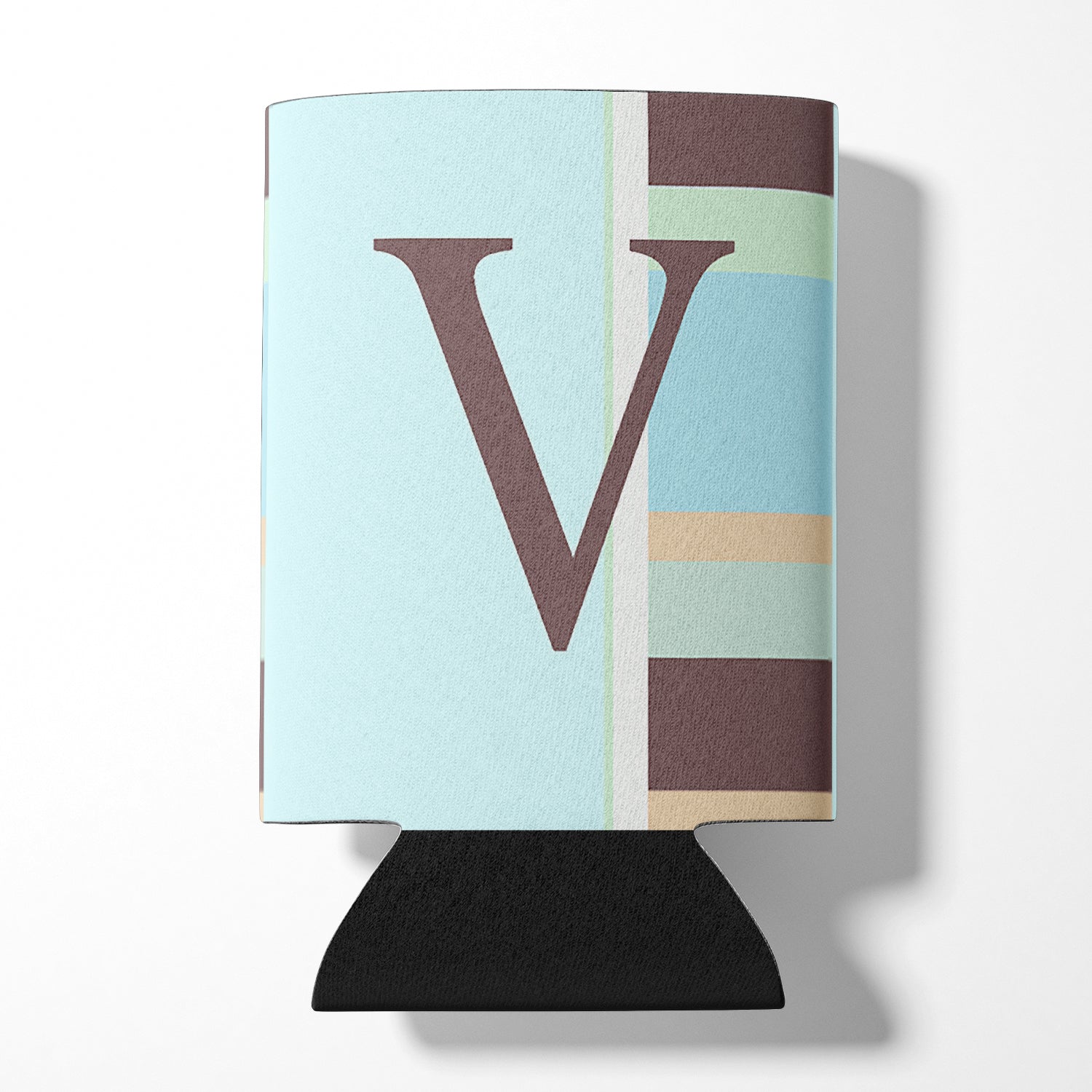 Letter V Initial Monogram - Blue Stripes Can or Bottle Beverage Insulator Hugger.