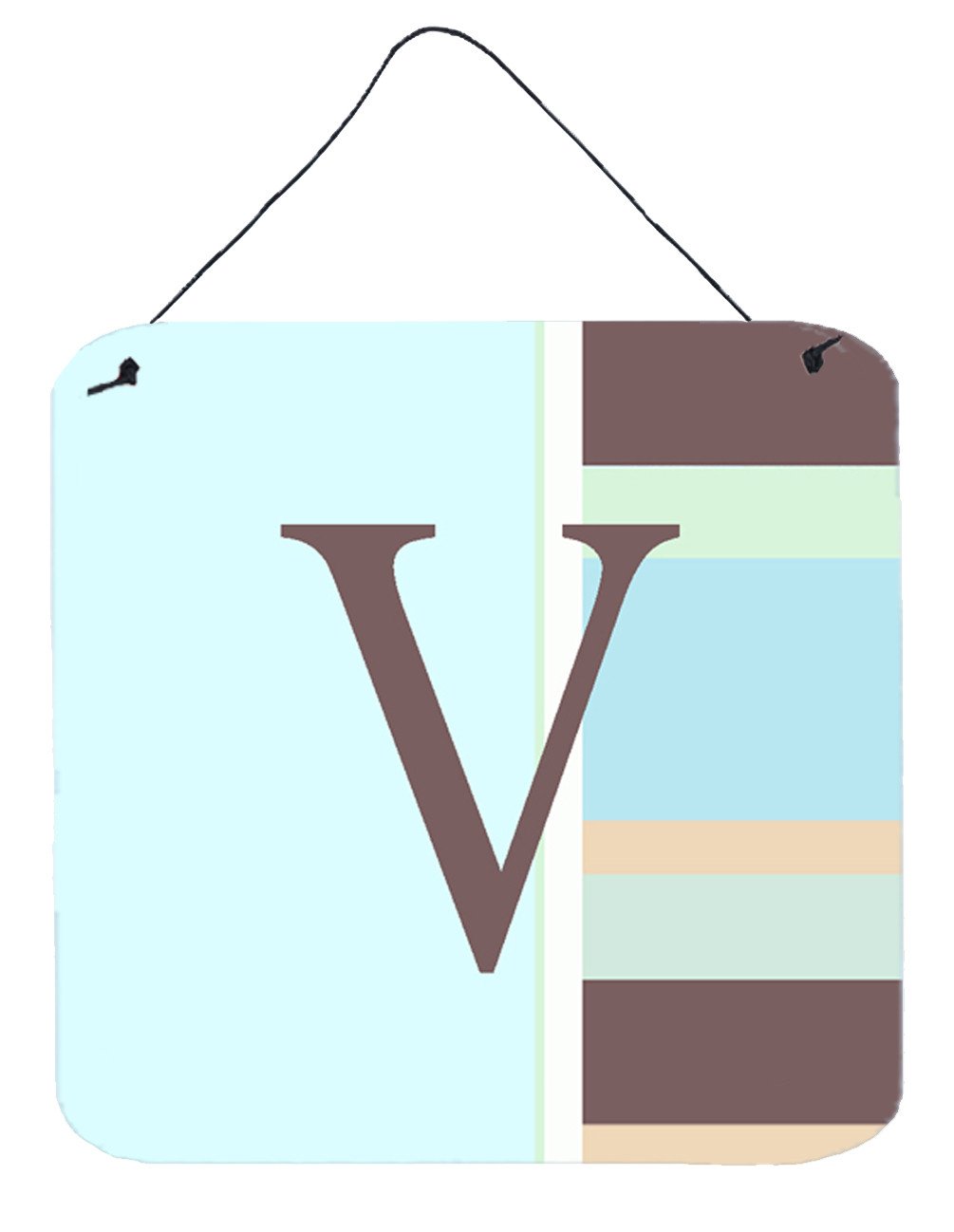 Letter V Initial Monogram - Blue Stripes Wall or Door Hanging Prints by Caroline's Treasures